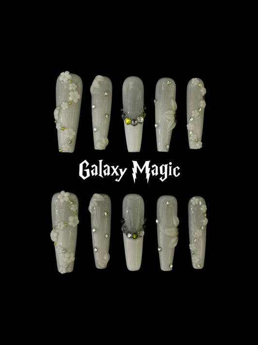 Handmade Nail art designs press on nails with 3d flower gel glue coffin stiletto square white nails with gemstones