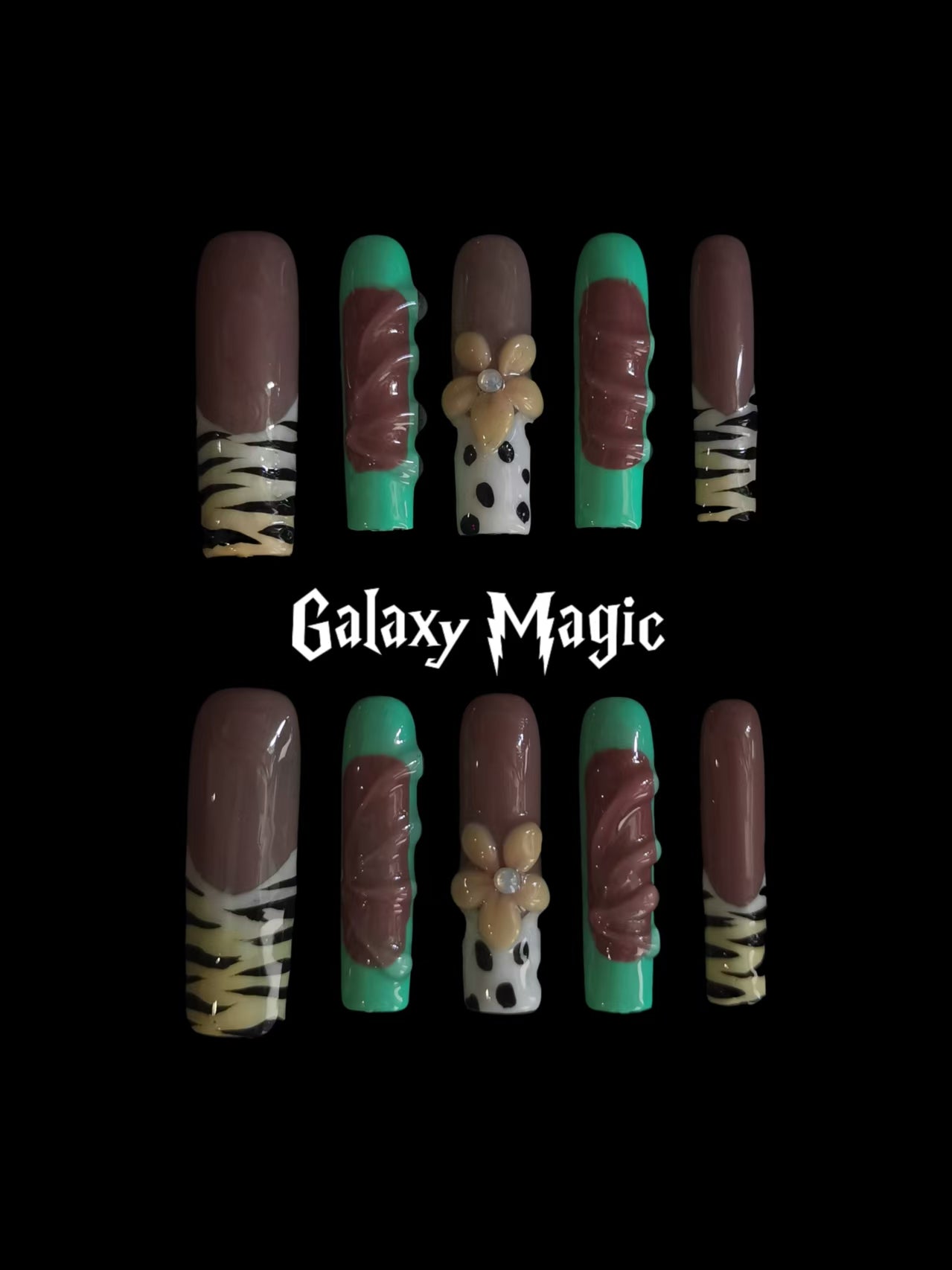  Handmade Nail art designs coffin siletto square shaped tiger print press on nails with 3d flower via gel glue 1