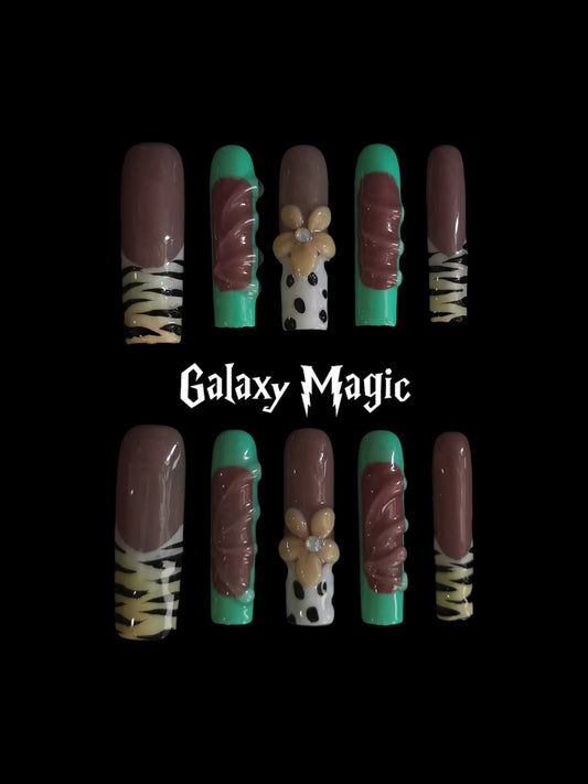  Handmade Nail art designs coffin siletto square shaped tiger print press on nails with 3d flower via gel glue 1