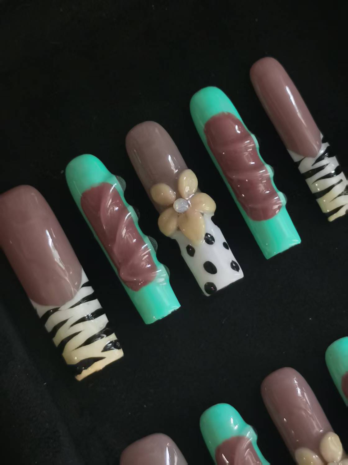  Handmade Nail art designs coffin siletto square shaped tiger print press on nails with 3d flower via gel glue 6