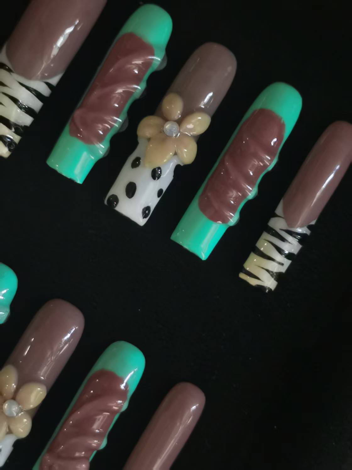  Handmade Nail art designs coffin siletto square shaped tiger print press on nails with 3d flower via gel glue 7