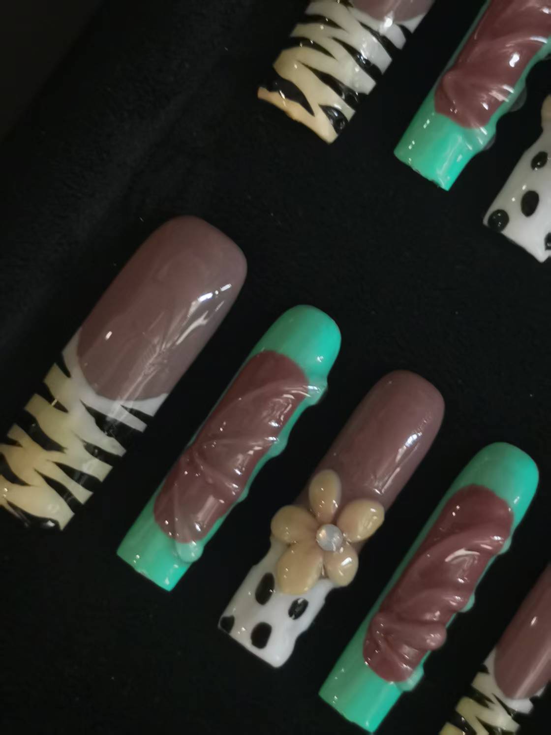 Handmade Nail art designs coffin siletto square shaped tiger print press on nails with 3d flower via gel glue 8