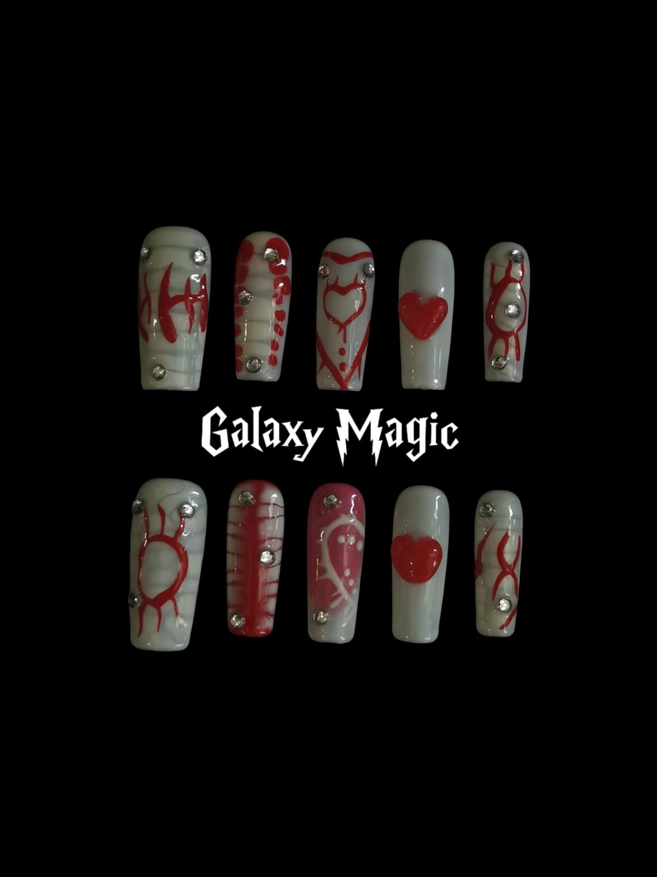  Handmade Nail art  geometric designs press on nails with 3d heart gel glue coffin stiletto square1
