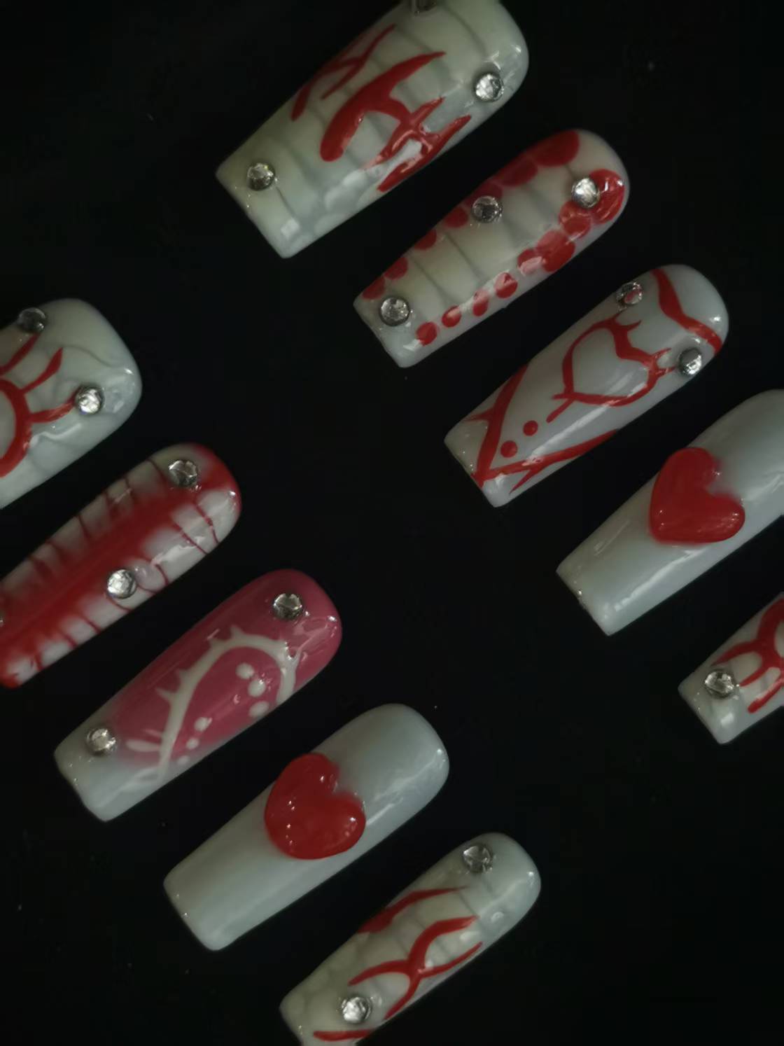  Handmade Nail art  geometric designs press on nails with 3d heart gel glue coffin stiletto square