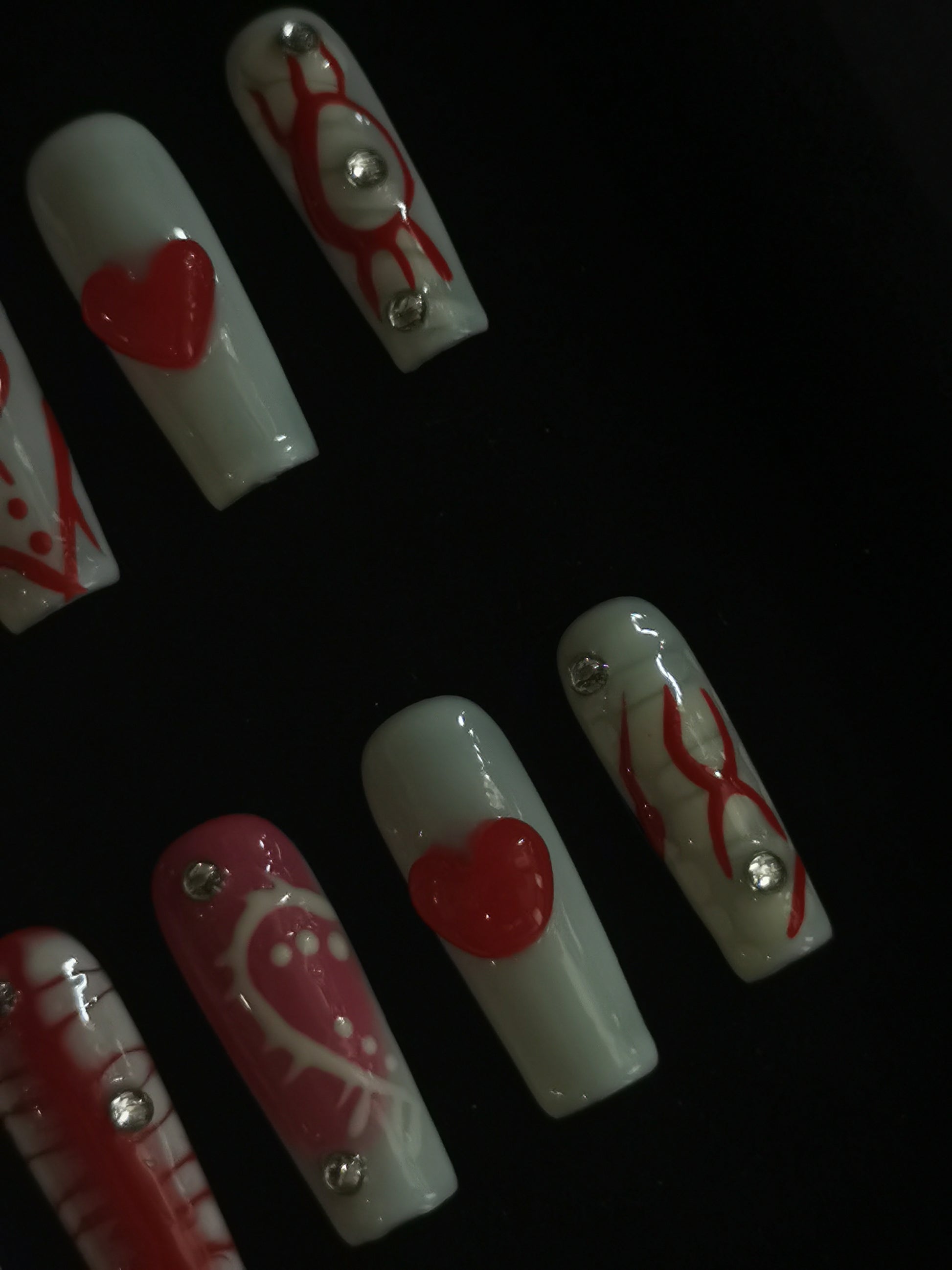  Handmade Nail art  geometric designs press on nails with 3d heart gel glue coffin stiletto square3