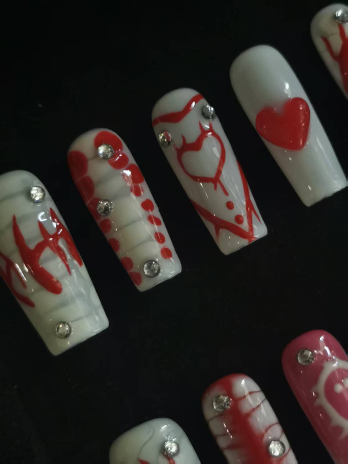  Handmade Nail art  geometric designs press on nails with 3d heart gel glue coffin stiletto square 4