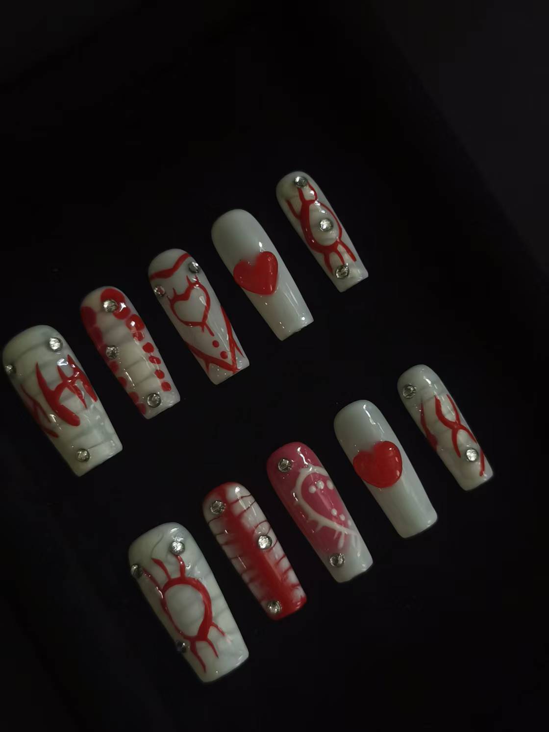  Handmade Nail art  geometric designs press on nails with 3d heart gel glue coffin stiletto square 5