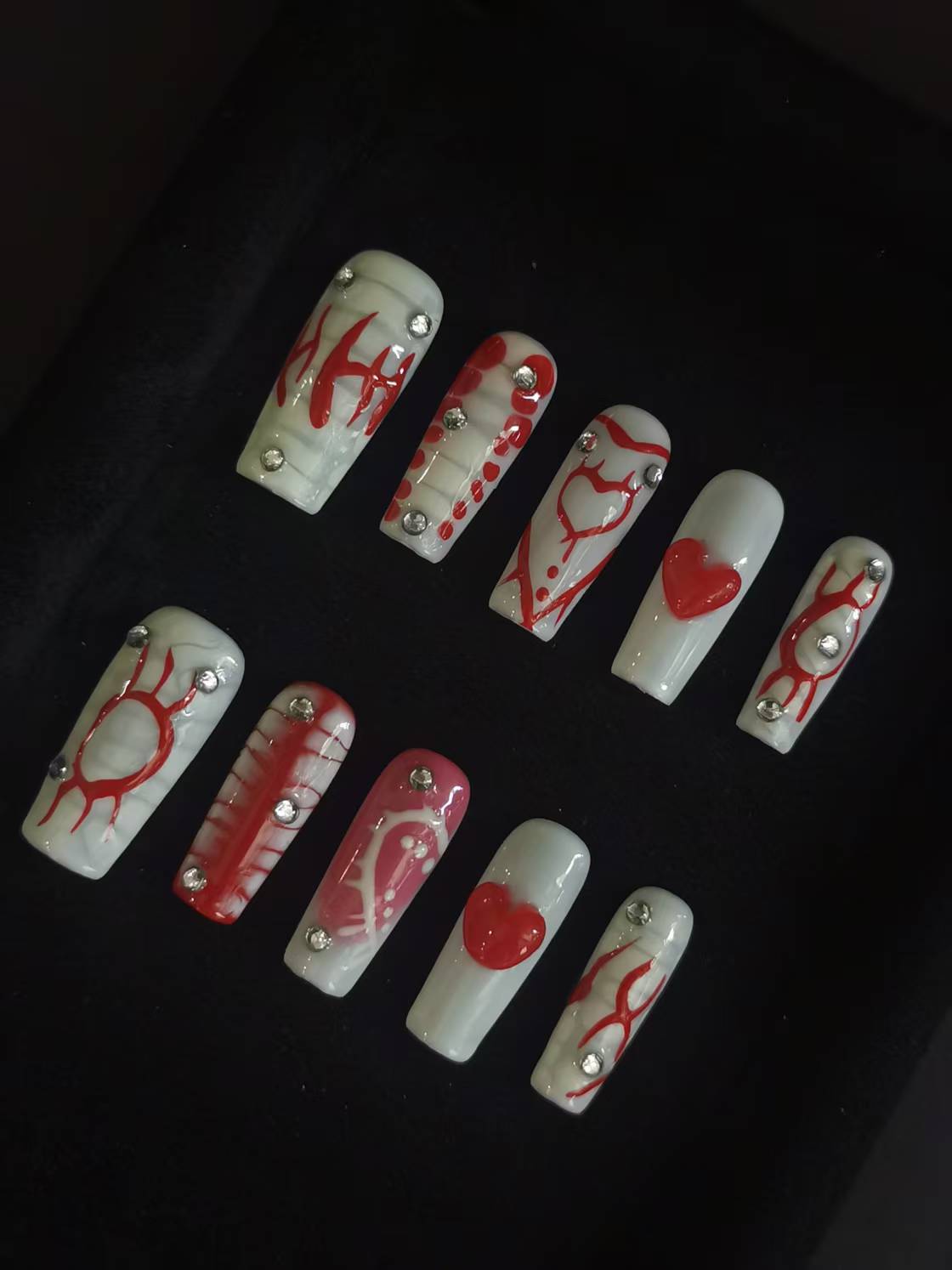  Handmade Nail art  geometric designs press on nails with 3d heart gel glue coffin stiletto square6