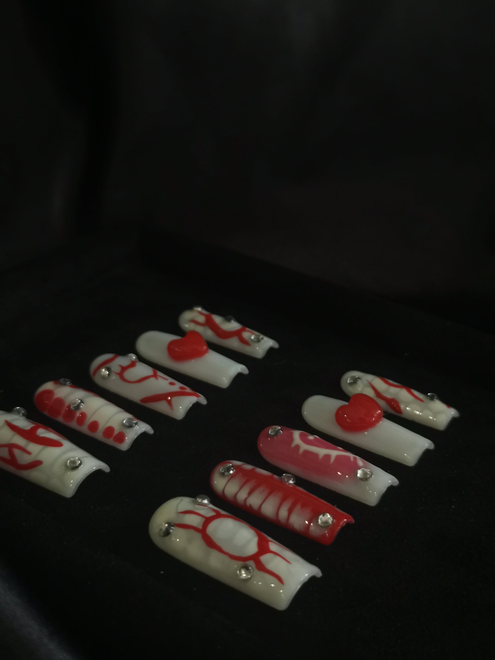  Handmade Nail art  geometric designs press on nails with 3d heart gel glue coffin stiletto square7