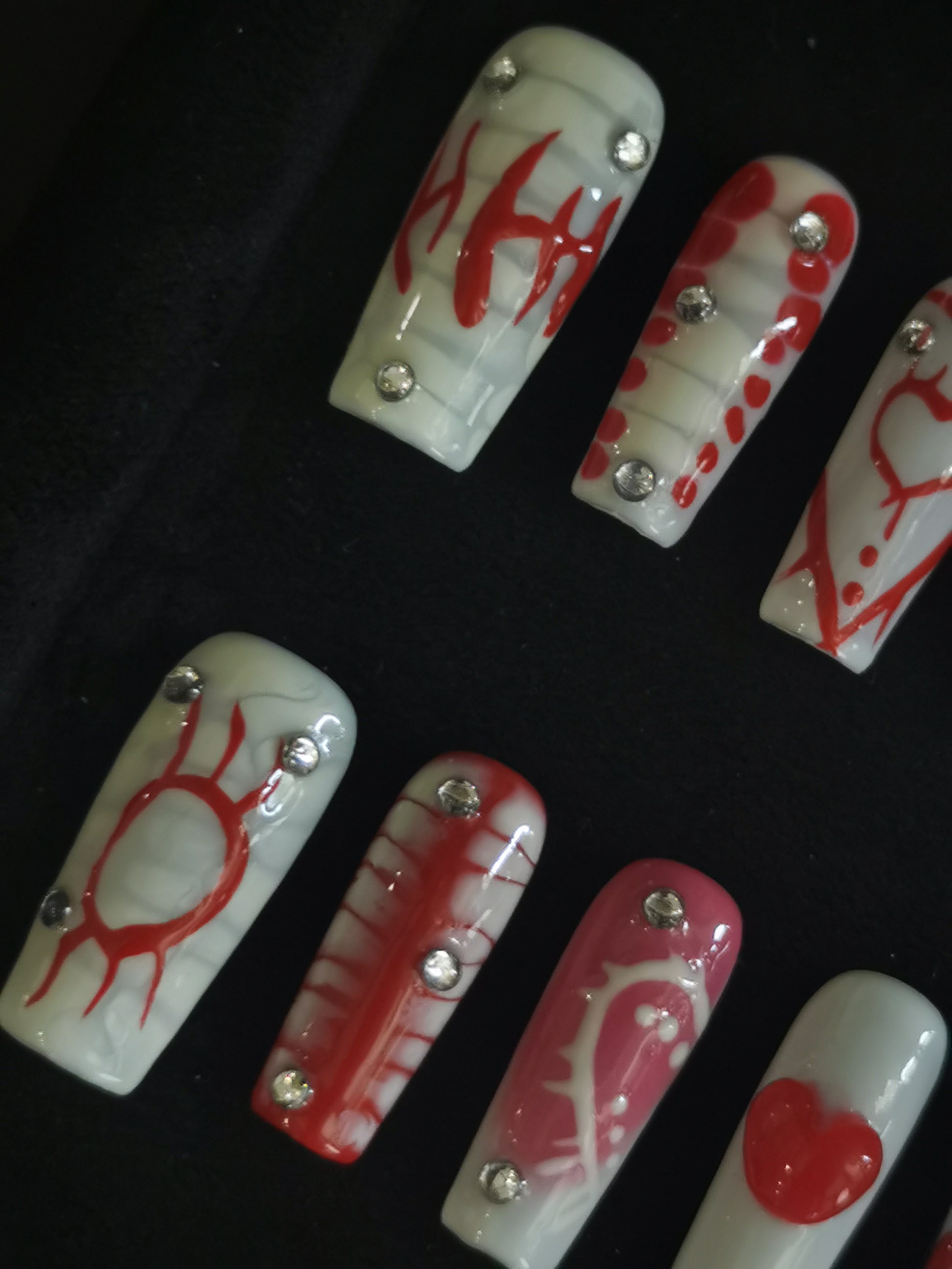  Handmade Nail art  geometric designs press on nails with 3d heart gel glue coffin stiletto square8