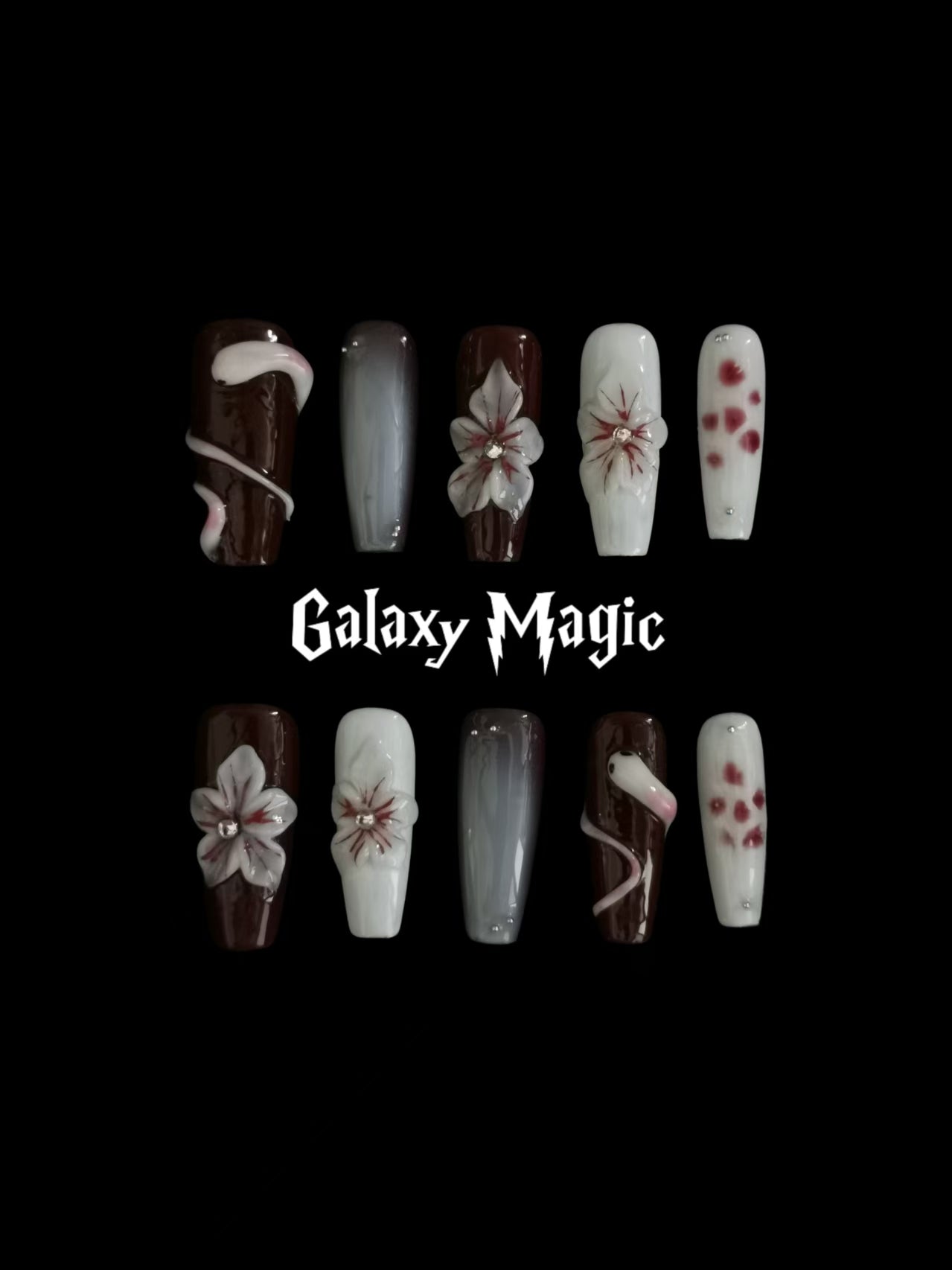 Handmade Nail art snake designs press on nails with 3d flower gel glue coffin stiletto square shaped