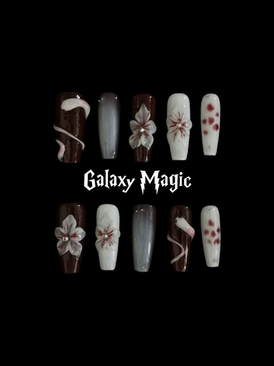 Handmade Nail art snake designs press on nails with 3d flower gel glue coffin stiletto square shaped