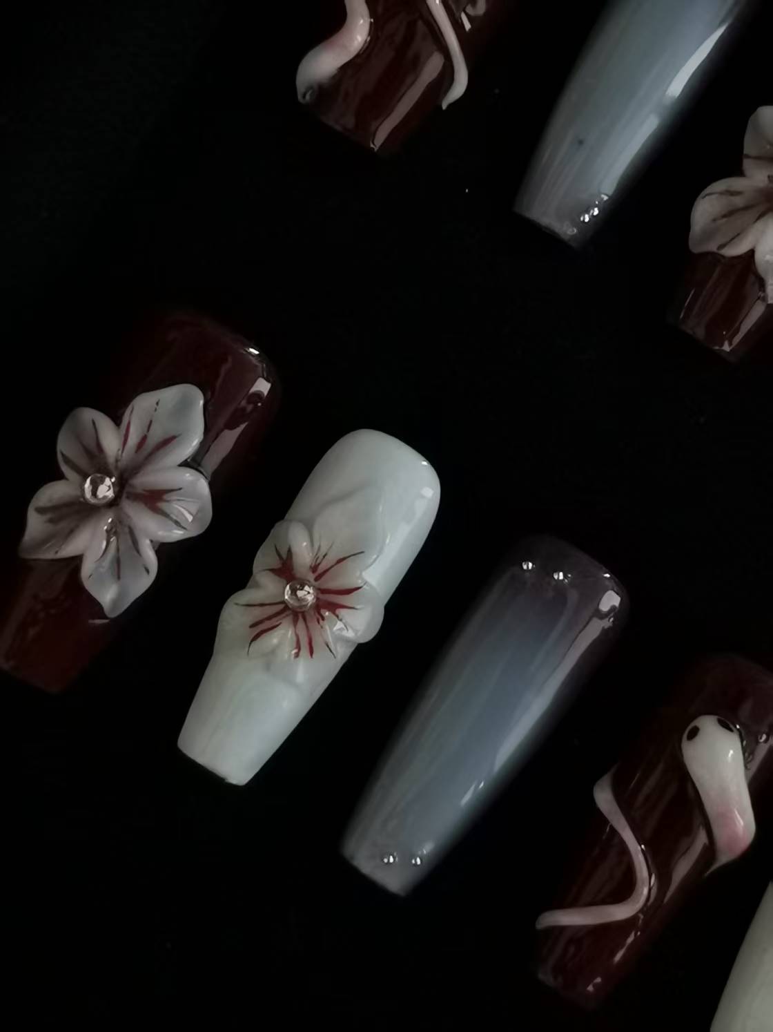 Handmade Nail art snake designs press on nails with 3d flower gel glue coffin stiletto square shaped 3