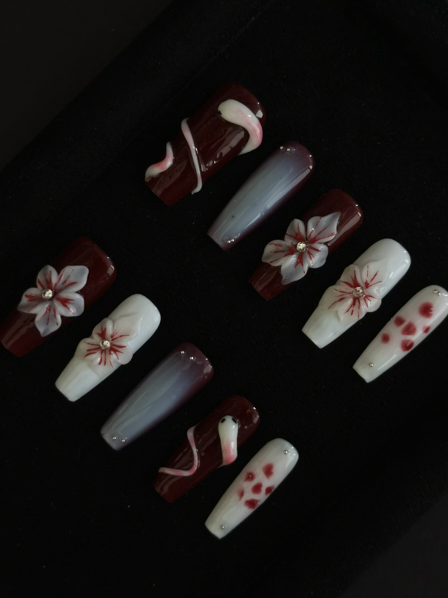 Handmade Nail art snake designs press on nails with 3d flower gel glue coffin stiletto square shaped 7