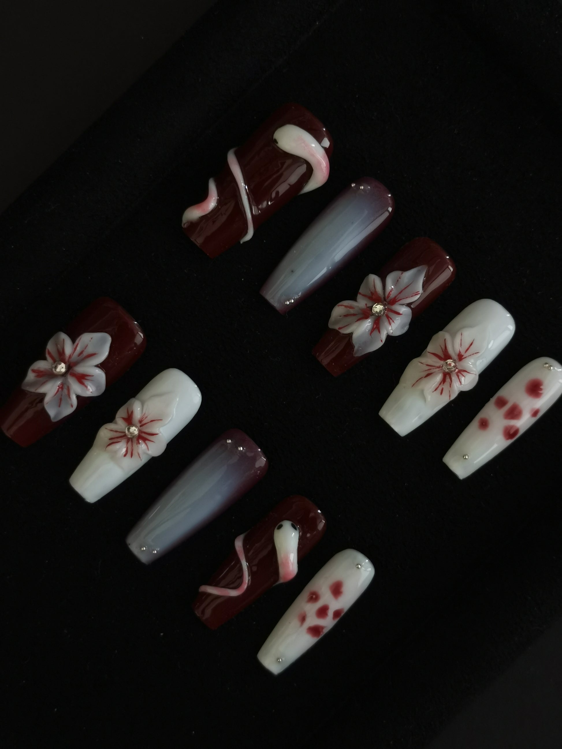 Handmade Nail art snake designs press on nails with 3d flower gel glue coffin stiletto square shaped 7
