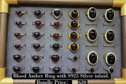 Bundle silver Jewelry Blood Amber Ring adjustable size S925, silver inlaid, NO.R6