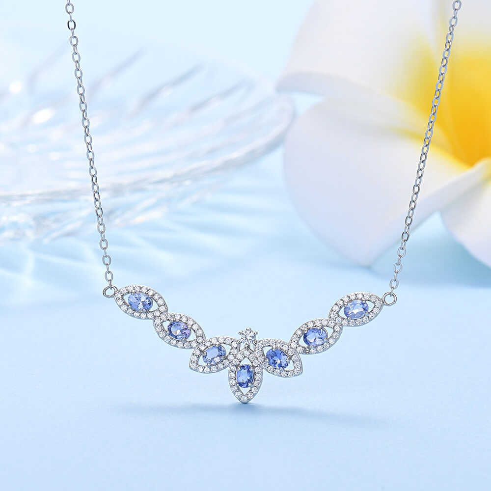 Silver necklace with blue gemstones Tanzanite, pink topa, garnet, diopside S925 necklace, silver inlaid with full diamonds,s925 collarbone chain, silver-encrusted little rabbit children pendant, garnet quality, pure water flawless 