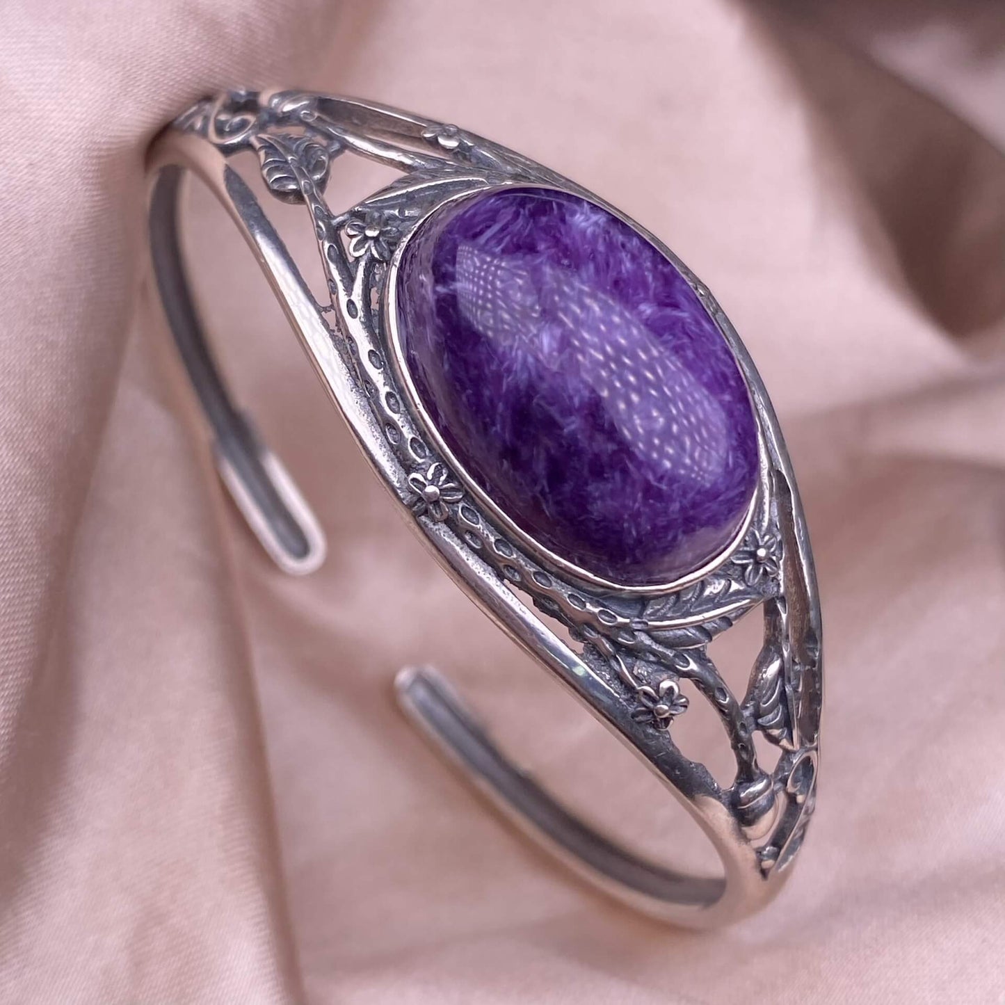 Purple Dragon Crysta bangle S925, silver inlaid with retro silver, personalized commuting, aged and fashionable women's colored gemstone crystal jewelry