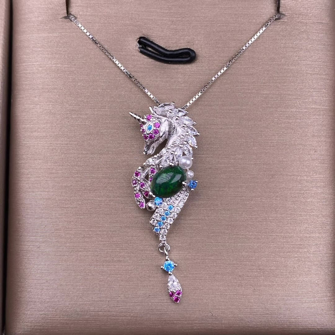 Unicorn-shaped necklace with gemstones black opal Peridot, garnet, citrine, pink topaz nature ston S925 sterling silver pendant necklace 