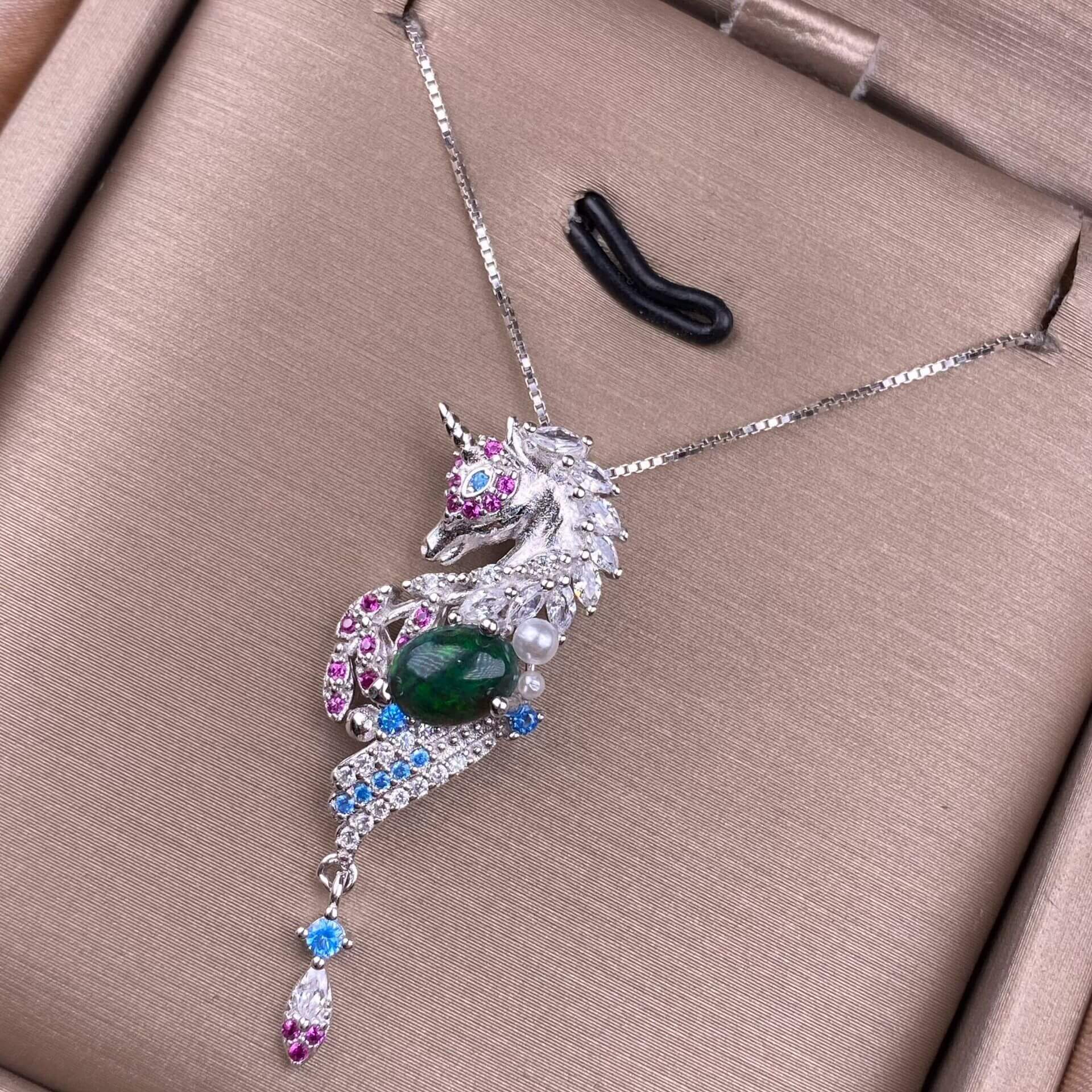 Unicorn-shaped necklace with gemstonesblack opal Peridot, garnet, citrine, pink topaz nature ston S925 sterling silver pendant necklace 