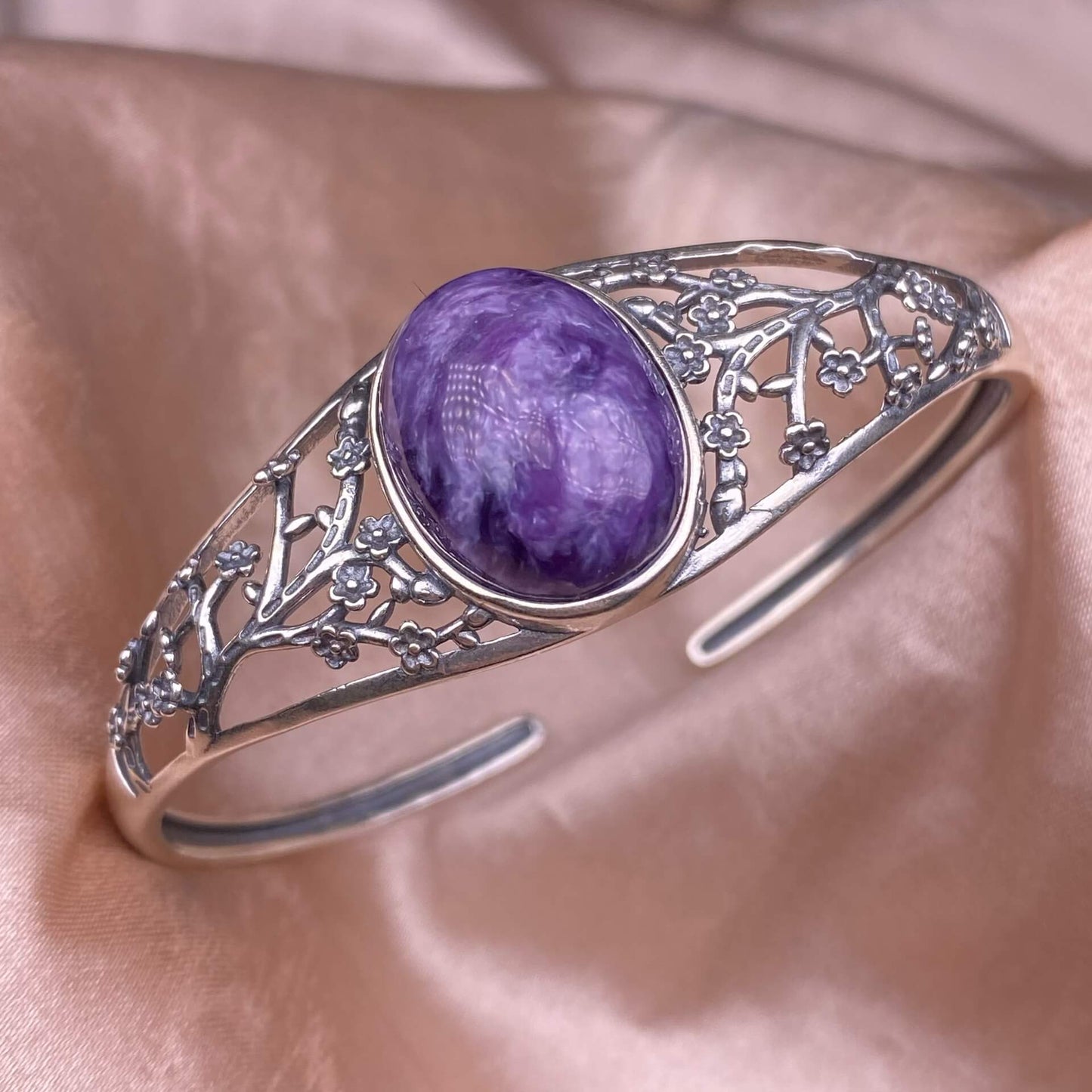 Purple Dragon Crysta bangle S925, silver inlaid with retro silver, personalized commuting, aged and fashionable women's colored gemstone crystal jewelry