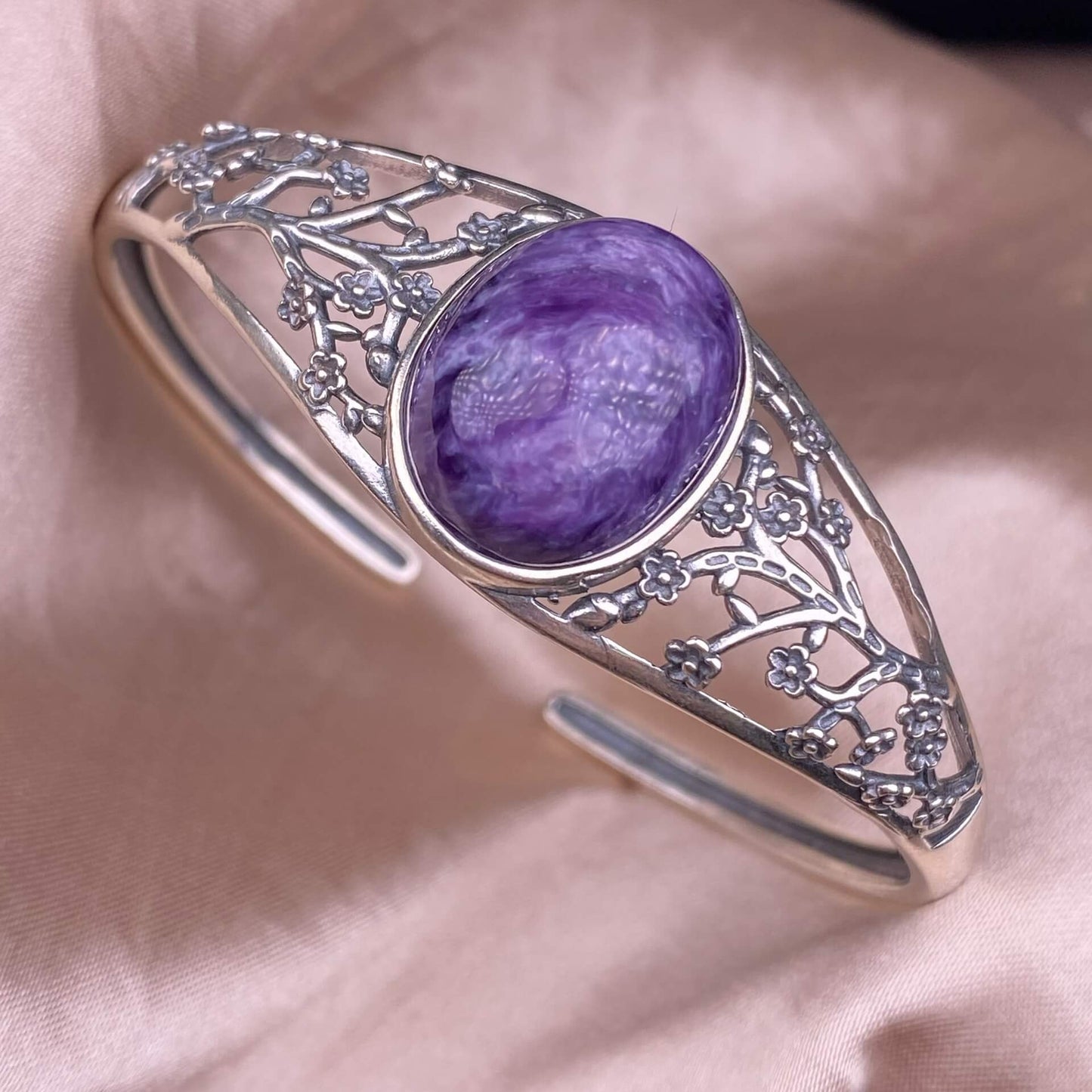 Purple Dragon Crysta bangle S925, silver inlaid with retro silver, personalized commuting, aged and fashionable women's colored gemstone crystal jewelry