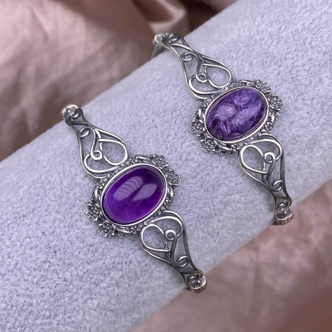 Garnet Blue Moonlight Grey Moonlight Amethyst Purple Dragon  Crystal Ghost Stone  bangle S925, silver inlaid with retro silver, personalized commuting, aged and fashionable women's colored gemstone crystal jewelry