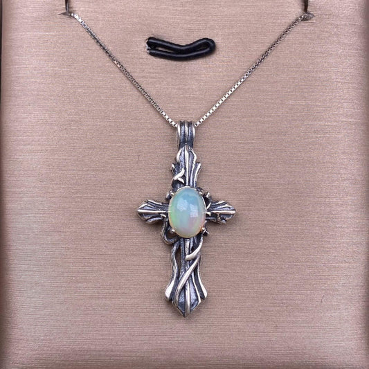 Opal, abalone shell, Larima sea crest stone, grey moonstone, aquamarine, jasper, citrine, turquoise, old waxS925 silver inlaid retro silver cross pendant, aged, personalized and fashionable OL necklace Pendant